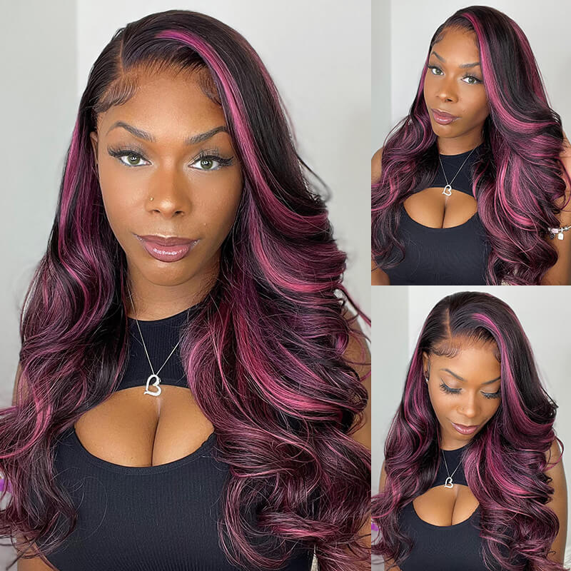 Stema Purple Highlight 13x4 Transparent Lace Front Human Hair Wig